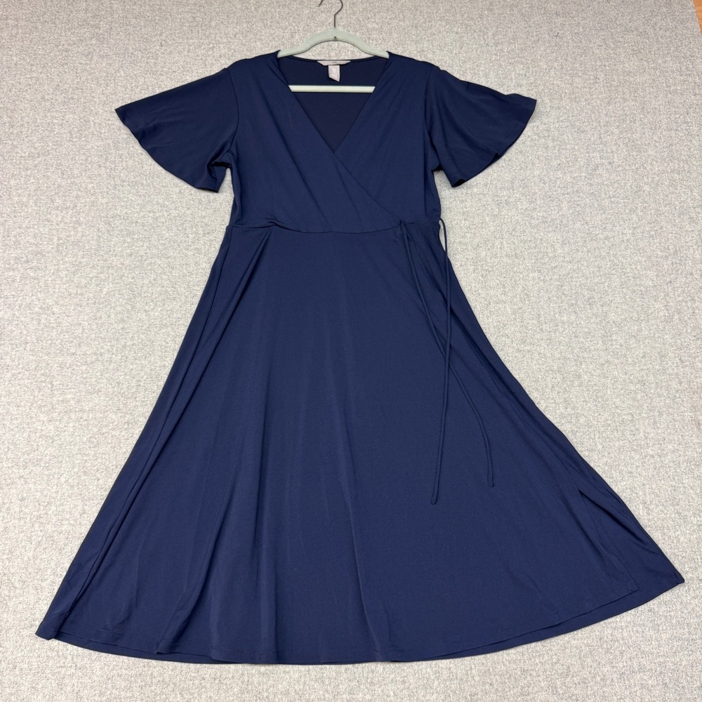 H&M Wrap Dress Medium Navy Blue Flutter Sleeve V-Neck Midi A-Line Stretch 2183